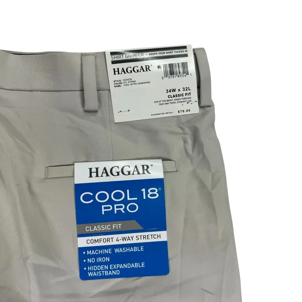Haggar Mens Cool 18 Pro Classic Fit Flat Front Stretch Dress Pants Beige 34x32